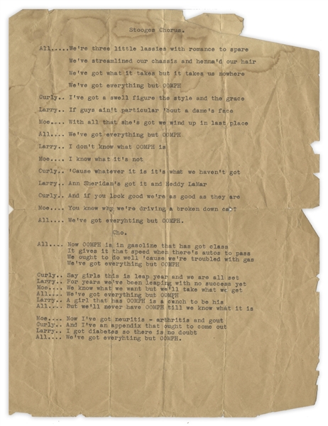 Moe Howard's 1pp. Script Circa 1940, Entitled ''Stooges Chorus'' About ''OOMPH'' Girls -- Also With Partial 1pp. Script Entitled ''2nd spot'' -- Chorus Script in Fair Condition, Other Script Very Good